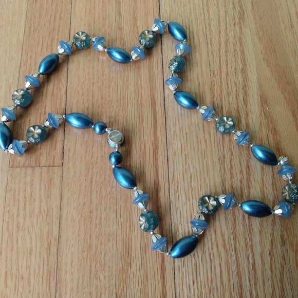 Vintage Blue Gold Beaded Necklace Retro Plastic Mid-Century Made in Hong Kong - Picture 7 of 12